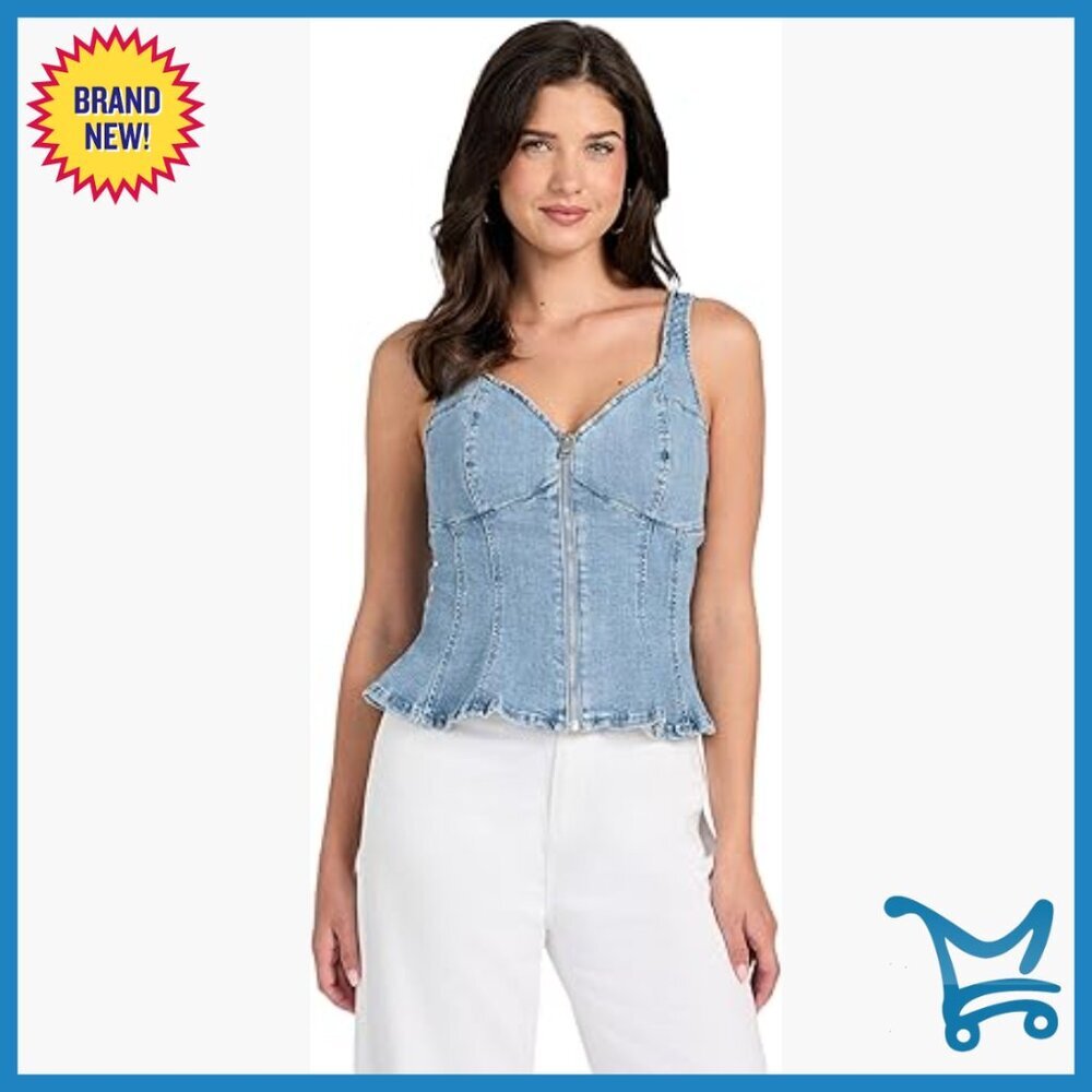 Denim Peplum Tank Top, Fitted, Sleeveless, Adjustable Straps
